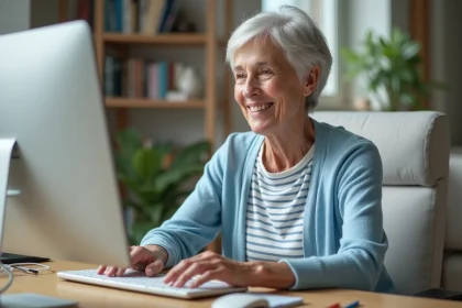 Femme senior souriante travaillant sur un ordinateur à domicile
