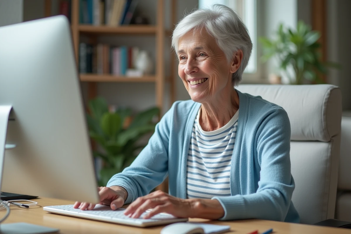 Femme senior souriante travaillant sur un ordinateur à domicile