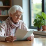 Femme âgée lisant une brochure sur les EHPAD