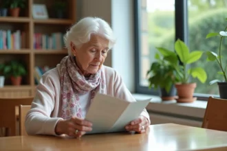 Femme âgée lisant une brochure sur les EHPAD