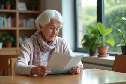 Femme âgée lisant une brochure sur les EHPAD