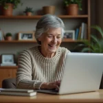 Femme senior souriante utilisant un ordinateur à la maison