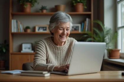 Femme senior souriante utilisant un ordinateur à la maison