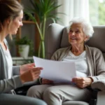 Femme senior souriante dans un fauteuil confortable avec sa fille