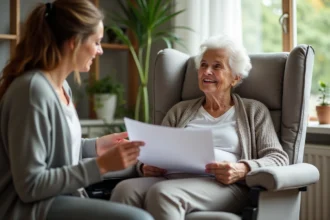 Femme senior souriante dans un fauteuil confortable avec sa fille