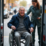 Homme age en fauteuil aide par une conductrice en ville