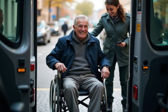 Homme age en fauteuil aide par une conductrice en ville