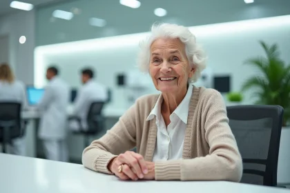 Femme âgée souriante dans un centre de recherche médicale