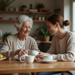 Seniorete souriante partage un moment de thé en cuisine