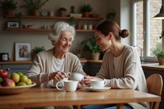Seniorete souriante partage un moment de thé en cuisine