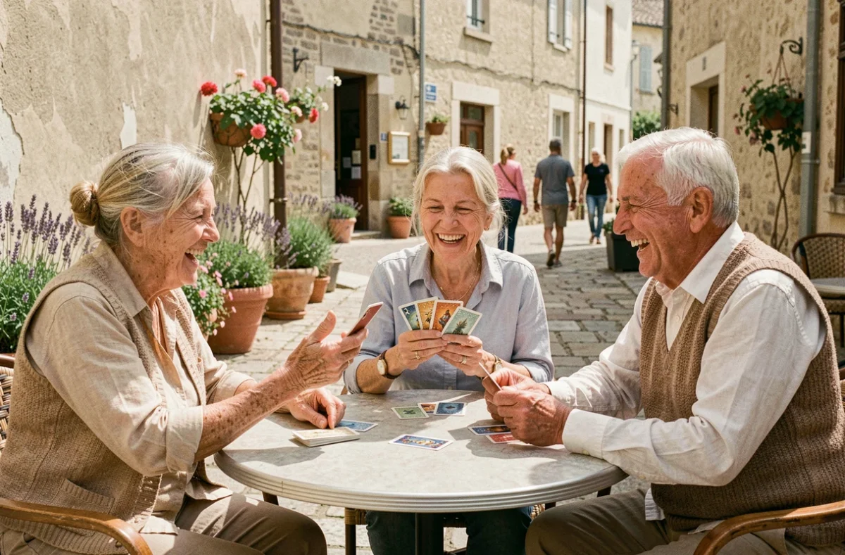 Groupe de seniors jouant aux cartes en riant sur une terrasse ensoleillée d'un centre communautaire