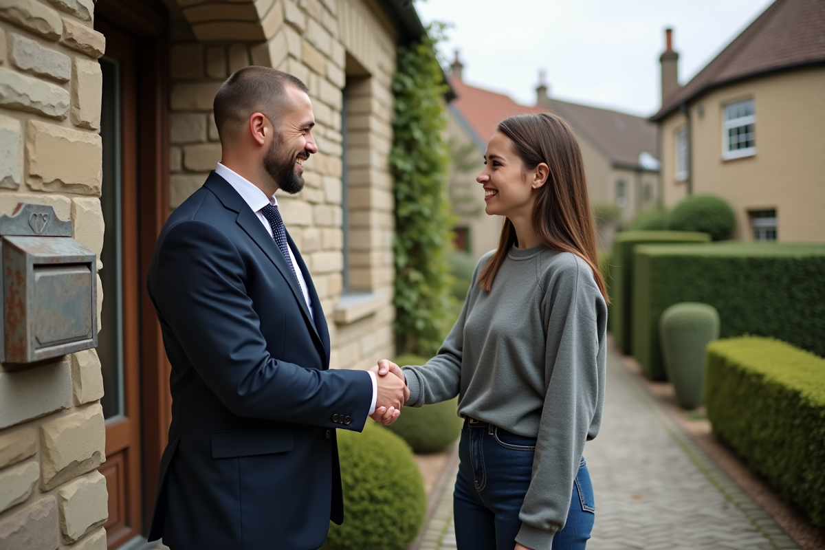 Notaire et jeune femme souriant devant maison en pierre