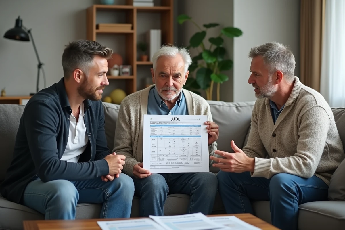 Travailleur social avec homme age et son fils dans salon