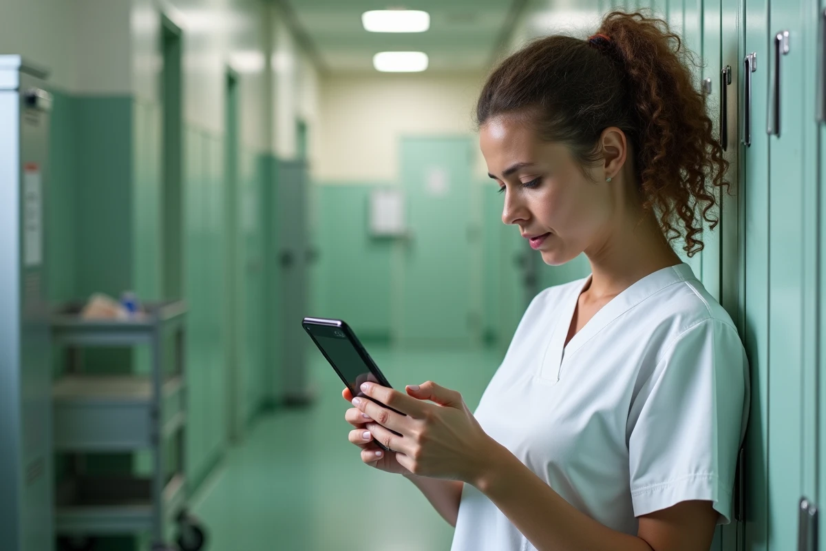 Soignante à temps partiel consultant une simulation de retraite Cnav sur son téléphone dans un couloir hospitalier