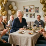 Femme de 70 ans entourée de proches lors d'une soirée anniversaire élégante à domicile avec décoration dorée et blanche