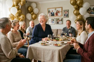 Femme de 70 ans entourée de proches lors d'une soirée anniversaire élégante à domicile avec décoration dorée et blanche
