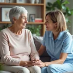 Femme senior assise avec aidante dans un salon chaleureux
