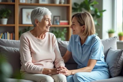Femme senior assise avec aidante dans un salon chaleureux