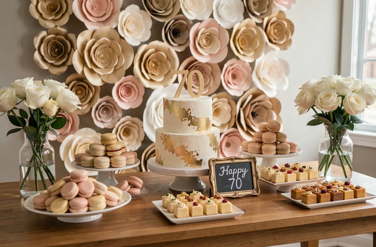 Table de desserts décorée pour un anniversaire 70 ans à domicile avec gâteau à étages et décoration dorée champagne