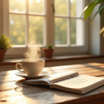 Tasse de thé fumante sur une table en bois au matin