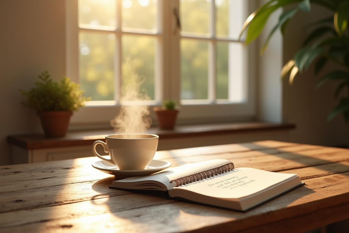 Tasse de thé fumante sur une table en bois au matin