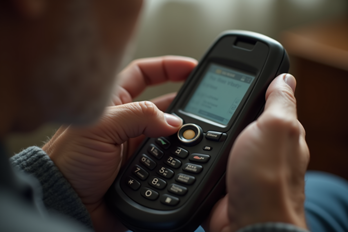 Personne agee utilisant un vieux téléphone avec clavier physique