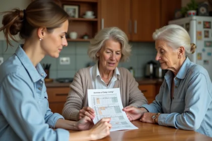 Therapeute occupationnelle avec famille dans cuisine chaleureuse
