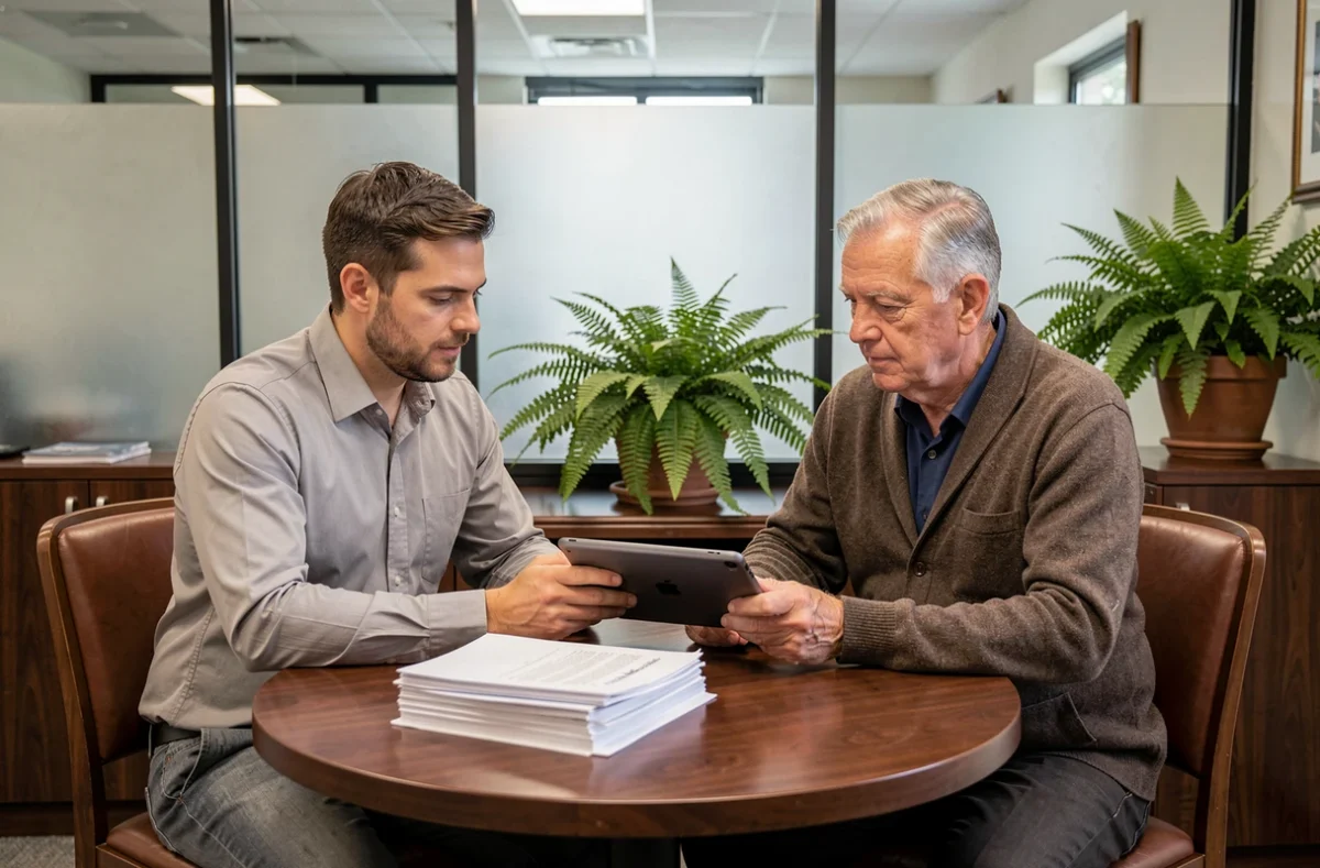 Un tuteur légal et un conseiller juridique consultant un document numérique ensemble dans un cabinet professionnel
