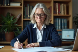 Une tutrice vérifiant des documents administratifs liés à la gestion de compte d'un majeur protégé en 2026