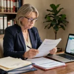 Tutrice examinant des documents juridiques complexes sur un bureau en bois dans un bureau à domicile