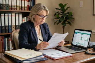 Tutrice examinant des documents juridiques complexes sur un bureau en bois dans un bureau à domicile
