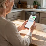 Une personne âgée lit un message sur un smartphone à grand écran