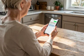 Une personne âgée lit un message sur un smartphone à grand écran