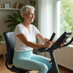 Senior femme utilisant un vélo d'appartement avec dossier et guidon ergonomique dans son salon