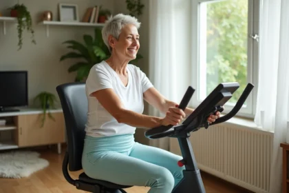 Senior femme utilisant un vélo d'appartement avec dossier et guidon ergonomique dans son salon