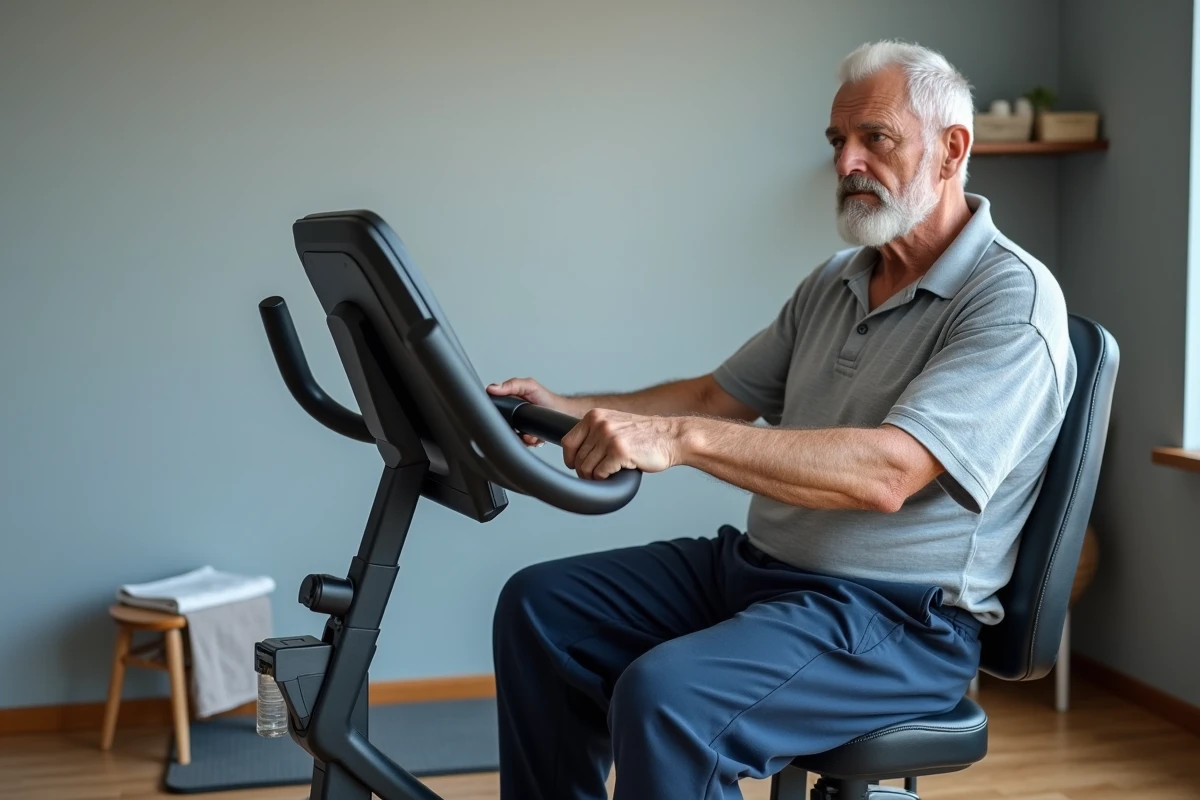 Homme senior pédalant sur un vélo d'appartement recouvert à dossier dans une salle de sport à domicile