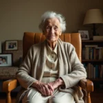 Femme très âgée assise dans un fauteuil en intérieur