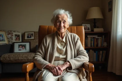 Femme très âgée assise dans un fauteuil en intérieur