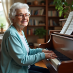 Femme âgée jouant du piano dans un salon chaleureux