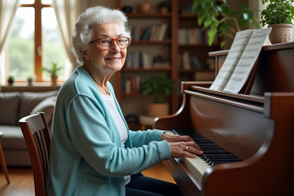 Femme âgée jouant du piano dans un salon chaleureux