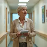 Femme visitant un couloir d'EHPAD et observant les conditions d'accueil lors d'une visite d'évaluation