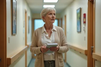 Femme visitant un couloir d'EHPAD et observant les conditions d'accueil lors d'une visite d'évaluation