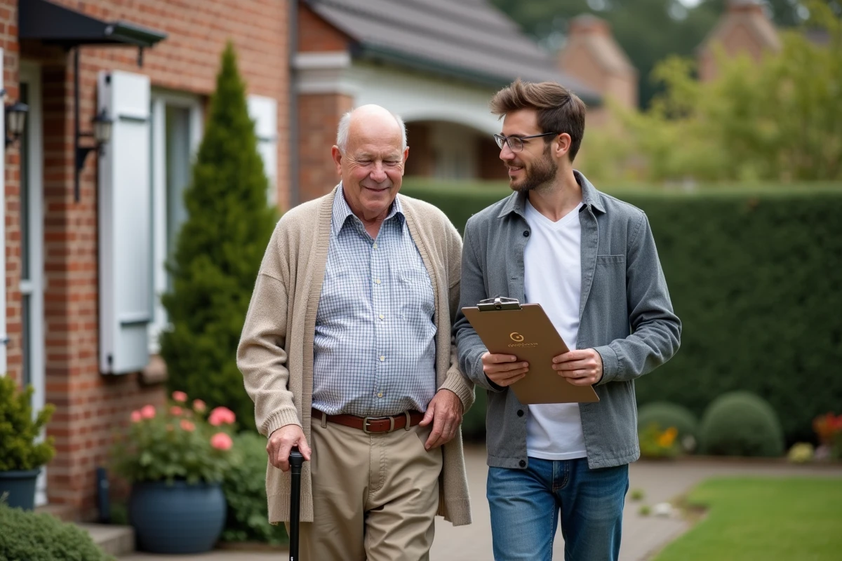 Homme age devant sa maison avec professionnel aidant